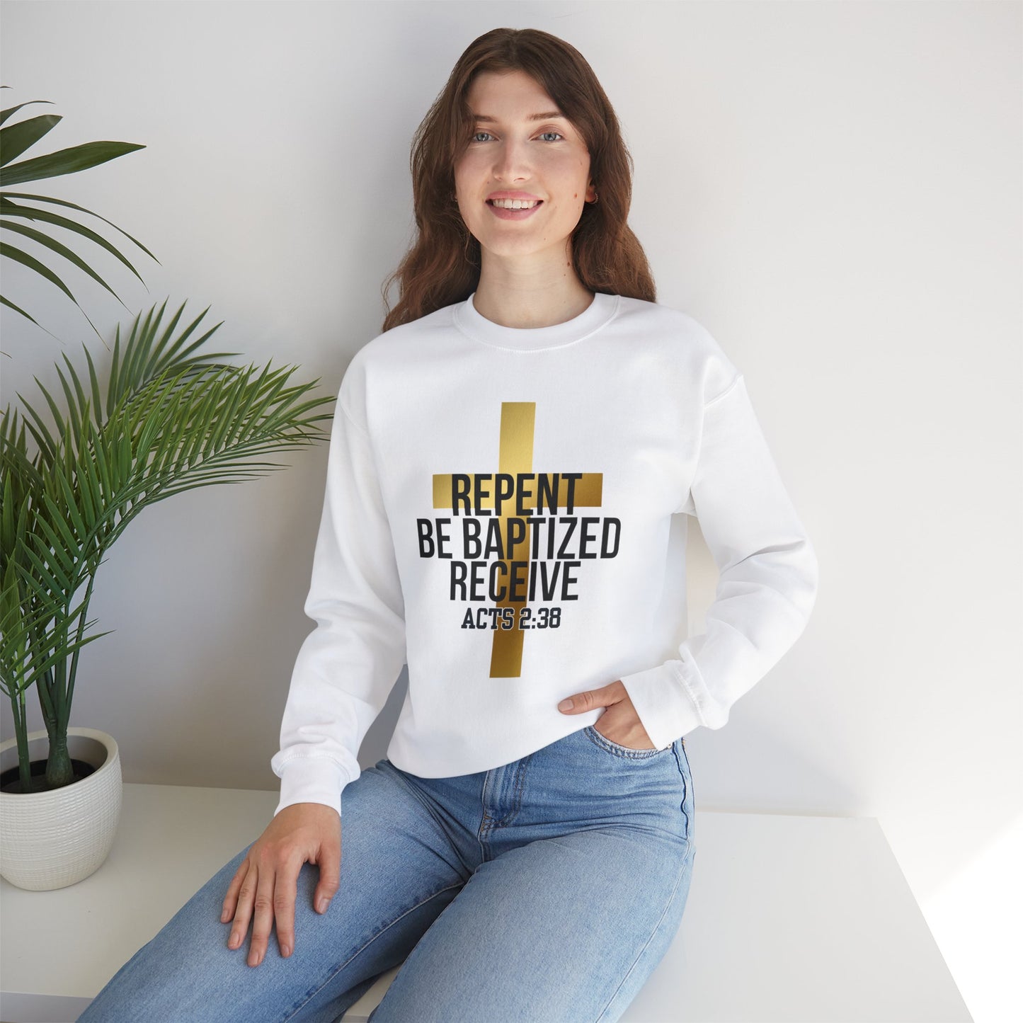 Faith-Inspired Unisex Crewneck Sweatshirt - "Repent, Be Baptized, Receive - Acts 2:38"