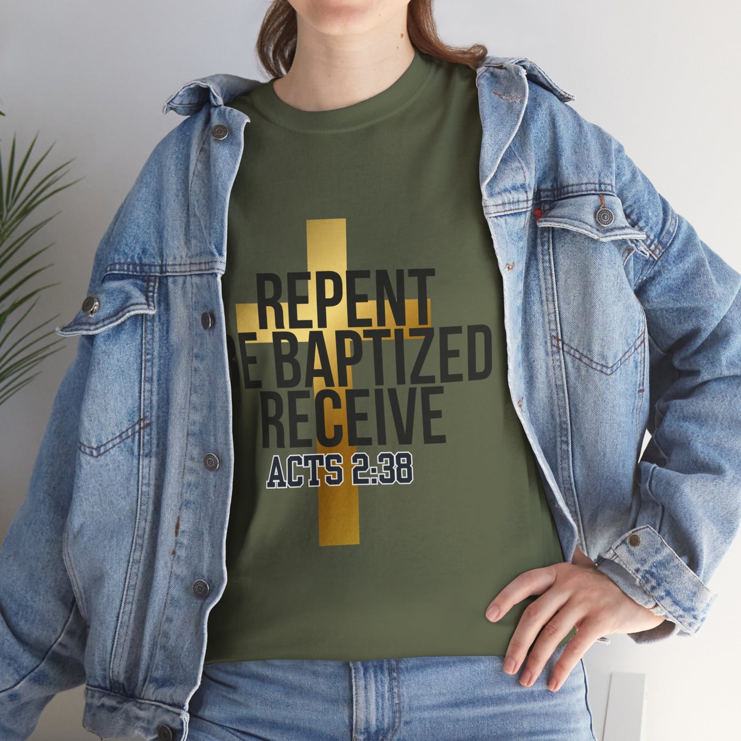 Faith-Inspired Unisex Heavy Cotton Tee - Repent, Be Baptized, Receive - Perfect for Religious Events