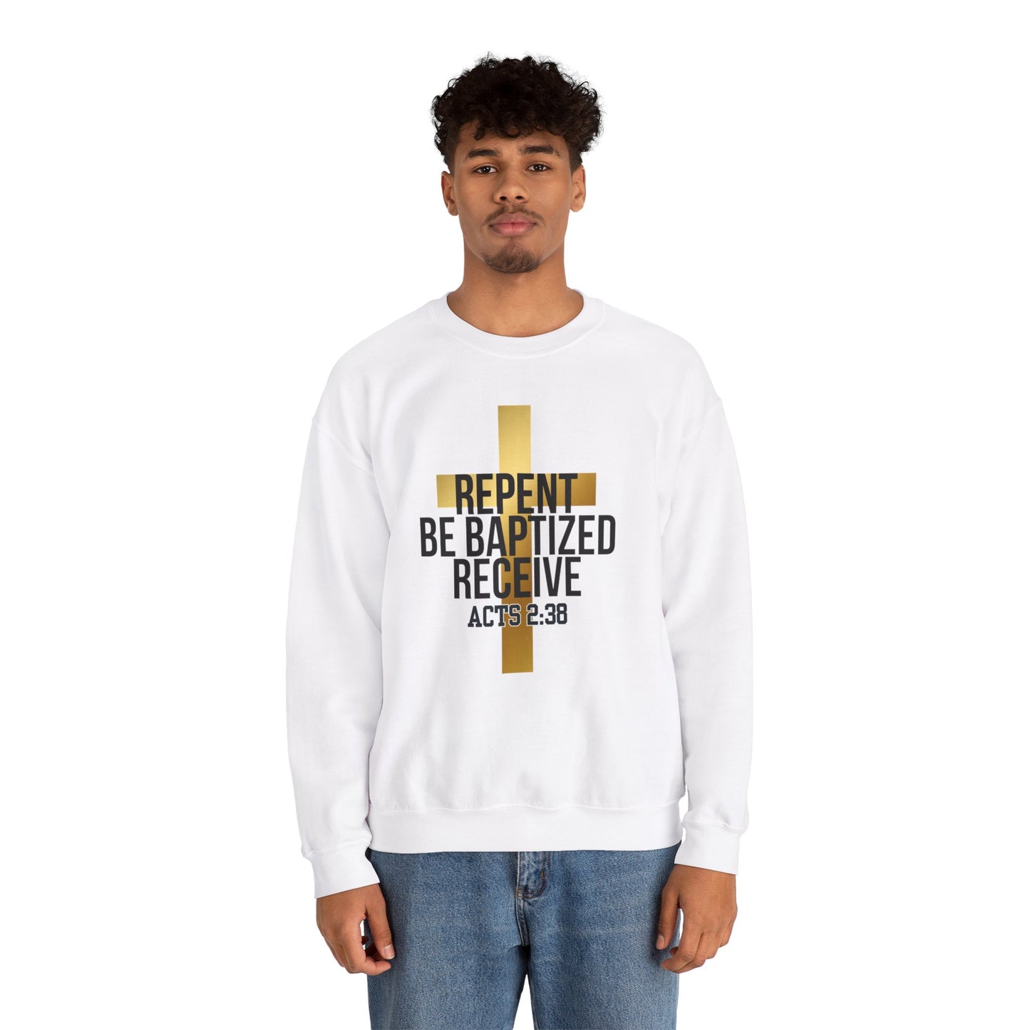 Faith-Inspired Unisex Crewneck Sweatshirt - "Repent, Be Baptized, Receive - Acts 2:38"